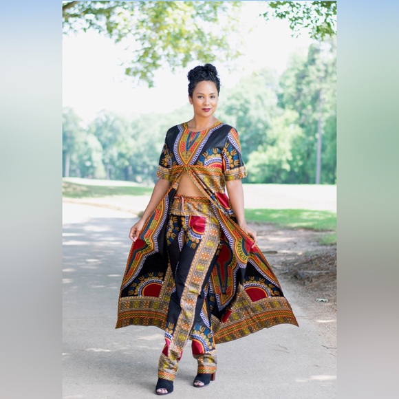 Handmade Black African Print Ankara Dashiki Two Piece Pants Set - Picture 5 of 6